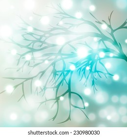 Abstract vector blurred Christmas lights bokeh blue background with a silhouette of the branch. EPS 10