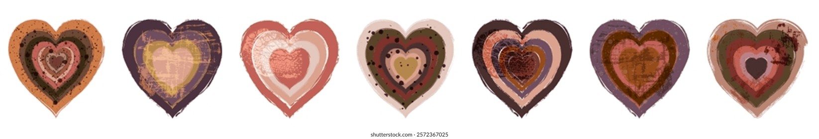 Abstract Vector Boho Hearts, Hand Drawn Textured Icons in Warm Neutral Colors