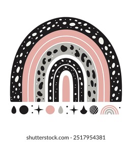 Abstract vector boho rainbow illustration with patterns and shapes on white background