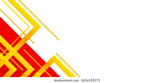 Abstract vector with bold yellow and orange geometric shapes over a vibrant red triangle, positioned in the bottom left corner. Clean white space on the right for text or design.