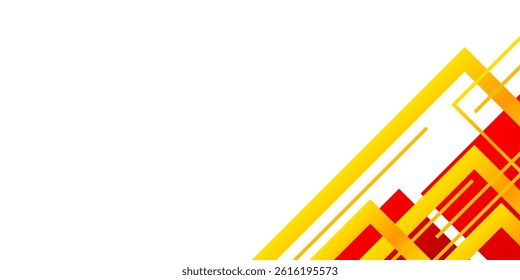 Abstract vector with bold yellow and orange geometric shapes over a vibrant red triangle, positioned in the bottom left corner. Clean white space on the right for text or design.