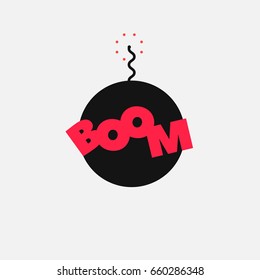 Abstract vector bomb isolated on white background. Text BOOM, circle shape, thin line fire wick. Simple geometric shape icon object. Comic cartoon design style. Power explosion danger comics concept
