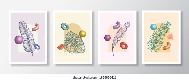 Abstract Vector Botanical Background Decorative Wall Art Set. Hand Drawn Palm Leaves Posters with 3D Geometric Shapes Illustrations Collection. Contemporary Design for Cover Apparel Print, Wallpaper.