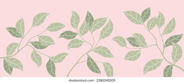 Resumen del fondo botánico vectorial. Papel de escritorio con líneas elegantes, ramas y hojas en un fondo rosado. Diseño sencillo y elegante para la decoración de las paredes y las impresiones, impresión, decoración.	