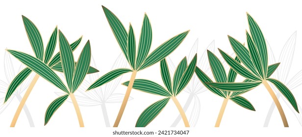 Abstract vector botanical foliage background. Golden wallpaper with tropical plants, leaf branches, palm leaves. Foliage design for banner, prints, decor, wall art, decoration