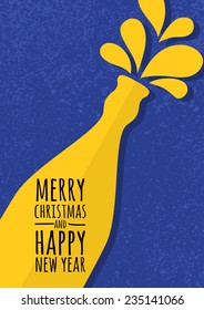 Abstract vector bottle of champagne on blue grunge background. Christmas or New Year greeting card, invitation.