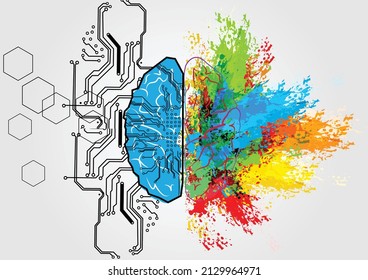 cerebro vector abstracto izquierda y derecha con circuito y color de salpicadura para el concepto humano. Creativo y lógico para el trasfondo del concepto cerebral. diseño vectorial de ilustración