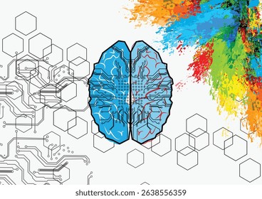 abstract vector brain left and right with circuit and splash color for human concept. Creative and logic for brain concept background. illustration vector design