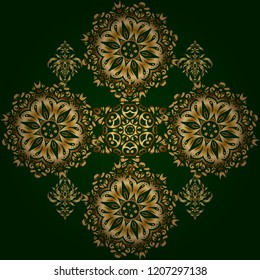 Abstract vector bright golden design for wallpaper, Christmas decoration, confetti, textile, wrapping. Symbol of holiday. Stars seamless pattern gold and green retro background.