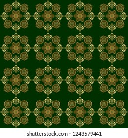 Abstract vector bright golden design for wallpaper, Christmas decoration, confetti, textile, wrapping. Symbol of holiday. Stars seamless pattern gold and green retro background.