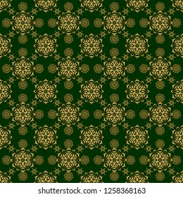 Abstract vector bright golden design for wallpaper, Christmas decoration, confetti, textile, wrapping. Symbol of holiday. Stars seamless pattern gold and green retro background.