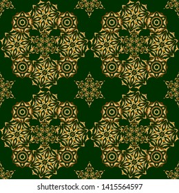 Abstract vector bright golden design for wallpaper, Christmas decoration, confetti, textile, wrapping. Symbol of holiday. Stars seamless pattern gold and green retro background.