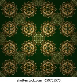 Abstract vector bright golden design for wallpaper, Christmas decoration, confetti, textile, wrapping. Symbol of holiday. Stars seamless pattern gold and green retro background.