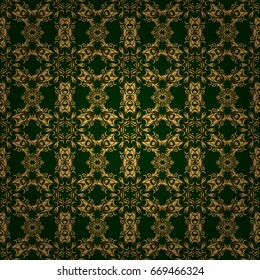 Abstract vector bright golden design for wallpaper, Christmas decoration, confetti, textile, wrapping. Symbol of holiday. Stars seamless pattern gold and green retro background.