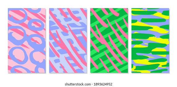 Abstract vector bright set of backgrounds, wallpapers, covers for spring seasonal design in green, pink, blue colors. Template, social media, story, flyer.