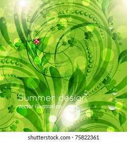 Abstract vector bright spring or summer floral background with flowers, ladybird and sun shine. eps 10.