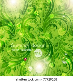 Abstract vector bright summer floral background with flowers, ladybird and sun shine for design. eps 10