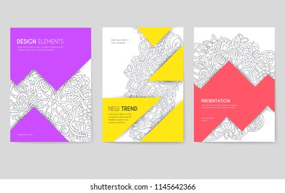 Abstract vector brochure cards set. Outline art template of flyear, magazines, posters, book cover, banners. Colorful thin line invitation concept background. Layout ornament illustrations modern 