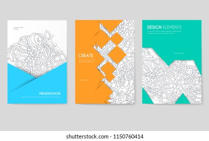 Abstract vector brochure cards set. Outline art template of flyear, magazines, posters, book cover, banners. Colorful thin line invitation concept background. Layout ornament illustrations modern 