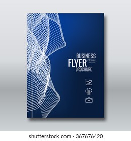 Abstract vector brochure flyer book cover design template layout mockup with light waves on dark blue