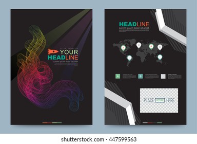 Abstract vector brochure flyer book cover design template layout mockup with light waves colourful on dark.