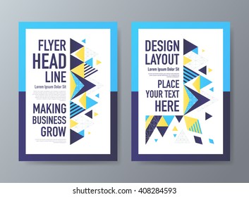 Abstract Vector Brochure Flyer Design Template In A4 Size With Blue, Yellow And Dark Triangles