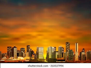 abstract vector brown sunset background with panorama of vancouver