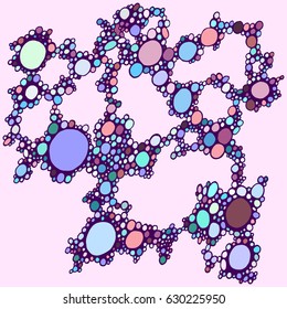 Abstract vector bubbles background. Hand drawn doodle sketch illustration. Circles, round elements, pink, blue, violet, brown colors. Line art pattern.