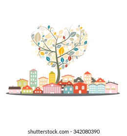 Abstract Vector Buildings - City or Town with Heart Shaped Tree Isolated on White Background