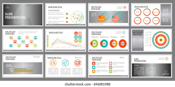 Abstract vector business presentation template slides background.  Big set of infographic elements for magazine, flyer, brochure, media, corporate report, web and advertising.