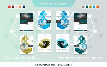 Abstract vector business template set. Brochure layout, cover modern design annual report, poster, A4 flyer with green squares, triangles, diagonal geometric shapes lines with texture background.