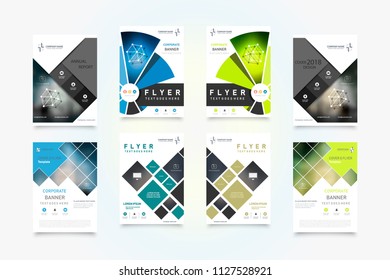 Abstract vector business template set. Brochure layout, cover modern design annual report, poster, A4 flyer with green squares, triangles, diagonal geometric shapes lines with texture background.