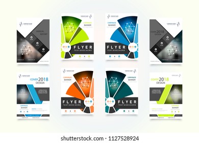 Abstract vector business template set. Brochure layout, cover modern design annual report, poster, A4 flyer with green squares, triangles, diagonal geometric shapes lines with texture background.