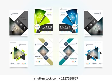 Abstract vector business template set. Brochure layout, cover modern design annual report, poster, A4 flyer with green squares, triangles, diagonal geometric shapes lines with texture background.