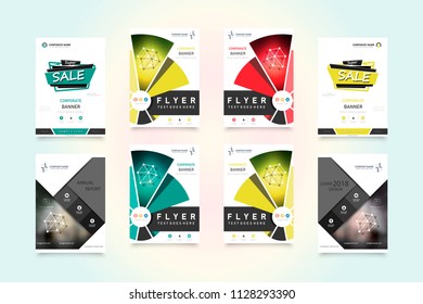 Abstract vector business template set. Brochure layout, cover modern design annual report, poster, A4 flyer with green squares, triangles, diagonal geometric shapes lines with texture background.