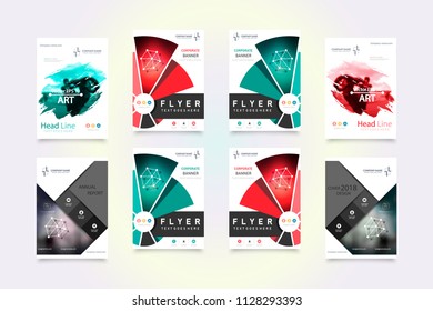 Abstract vector business template set. Brochure layout, cover modern design annual report, poster, A4 flyer with green squares, triangles, diagonal geometric shapes lines with texture background.