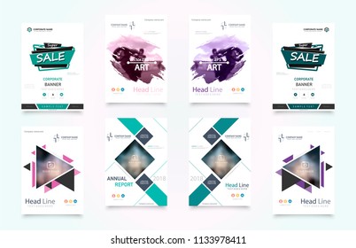 Abstract vector business template set. Brochure layout, cover modern design annual report, poster, A4 flyer with green squares, triangles, diagonal geometric shapes lines with texture background.