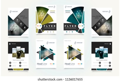 Abstract vector business template set. Brochure layout, cover modern design annual report, poster, A4 flyer with green squares, triangles, diagonal geometric shapes lines with texture background.