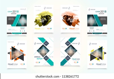 Abstract vector business template set. Brochure layout, cover modern design annual report, poster, A4 flyer with green squares, triangles, diagonal geometric shapes lines with texture background.