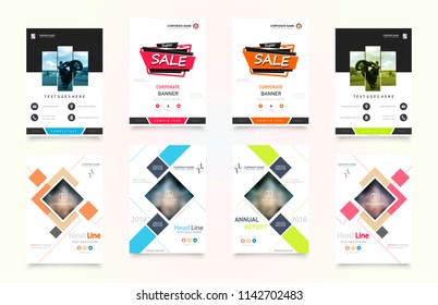 Abstract vector business template set. Brochure layout, cover modern design annual report, poster, A4 flyer with green squares, triangles, diagonal geometric shapes lines with texture background.