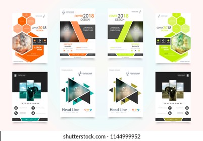 Abstrakter Vektorgrafik-Business-Template-Set. Broschüren-Layout, Berichterstattung über moderne Design, Poster, A4 Flyer mit grünen Quadraten, Dreiecke, diagonale geometrische Formen Linien mit strukturiertem Hintergrund.
