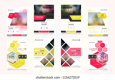 Abstract vector business template set. Brochure layout, cover modern design annual report, poster, A4 flyer with green squares, triangles, diagonal geometric shapes lines with texture background.