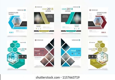 Abstract vector business template set. Brochure layout, cover modern design annual report, poster, A4 flyer with green squares, triangles, diagonal geometric shapes lines with texture background.