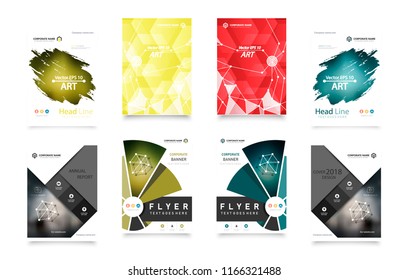 Abstract vector business template set. Brochure layout, cover modern design annual report, poster, A4 flyer with green squares, triangles, diagonal geometric shapes lines with texture background.