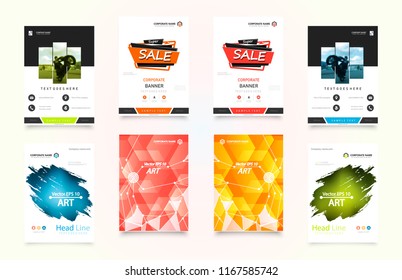 Abstract vector business template set. Brochure layout, cover modern design annual report, poster, A4 flyer with green squares, triangles, diagonal geometric shapes lines with texture background.