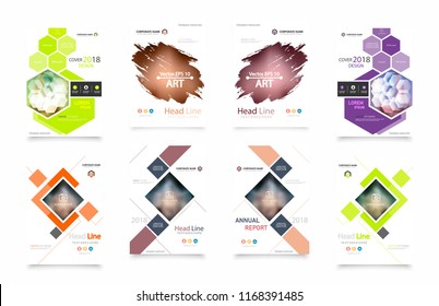 Abstract vector business template set. Brochure layout, cover modern design annual report, poster, A4 flyer with green squares, triangles, diagonal geometric shapes lines with texture background.