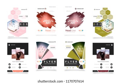 Abstract vector business template set. Brochure layout, cover modern design annual report, poster, A4 flyer with green squares, triangles, diagonal geometric shapes lines with texture background.