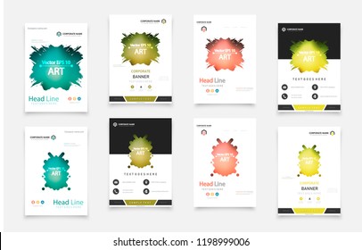 Abstract vector business template set. Brochure layout, cover modern design annual report, poster, A4 flyer with green squares, triangles, diagonal geometric shapes lines with texture background.