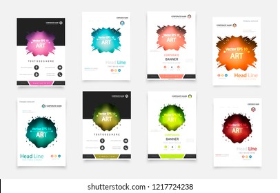 Abstract vector business template set. Brochure layout, cover modern design annual report, poster, A4 flyer with green squares, triangles, diagonal geometric shapes lines with texture background.