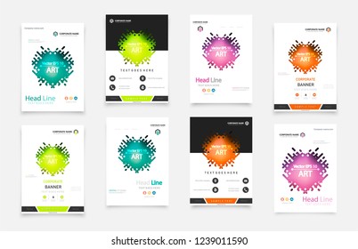 Abstract vector business template set. Brochure layout, cover modern design annual report, poster, A4 flyer with green squares, triangles, diagonal geometric shapes lines with texture background.